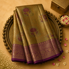 Gold-Mehendi Semi Tissue Silk Saree with Gold Zari Weave& Purple Blouse 