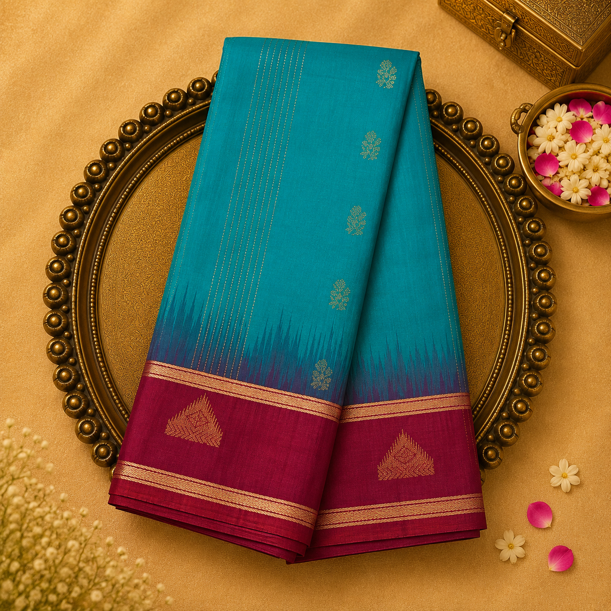 Blue Silk Saree with Gold Motifs & Red Border