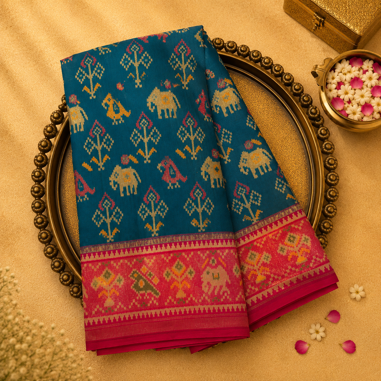 Peacock Green Ikat Semi Silk Saree with Bright Red Ikat Border