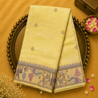 Light Lemon Yellow Tussar Silk Saree with White Embroidery & Animal Border