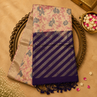 Beige Soft Silk Ikat Saree with Gold Border & Purple Striped Pallu