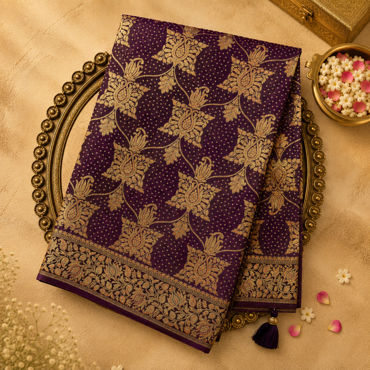 Red-Dark Purple Semi Georgette Saree with Gold Zari Motifs & Floral Zari Border