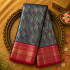 Peacock Blue Kanjeevaram Silk Saree with Gold Leaf Motifs & Pink-Gold Border