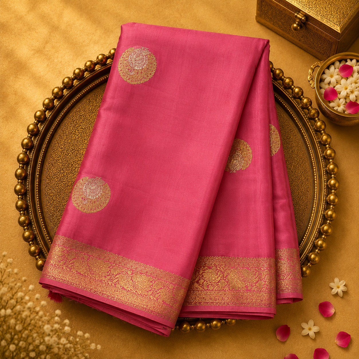 Peach Pink Banarasi Silk Saree with Gold Zari Motifs & Zari Border