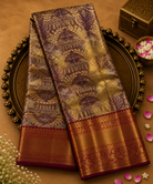 Purple-Gold Dual Tone Kanjeevaram Tissue Silk Saree with Floral Weave, Red-Gold Border & Red Blouse