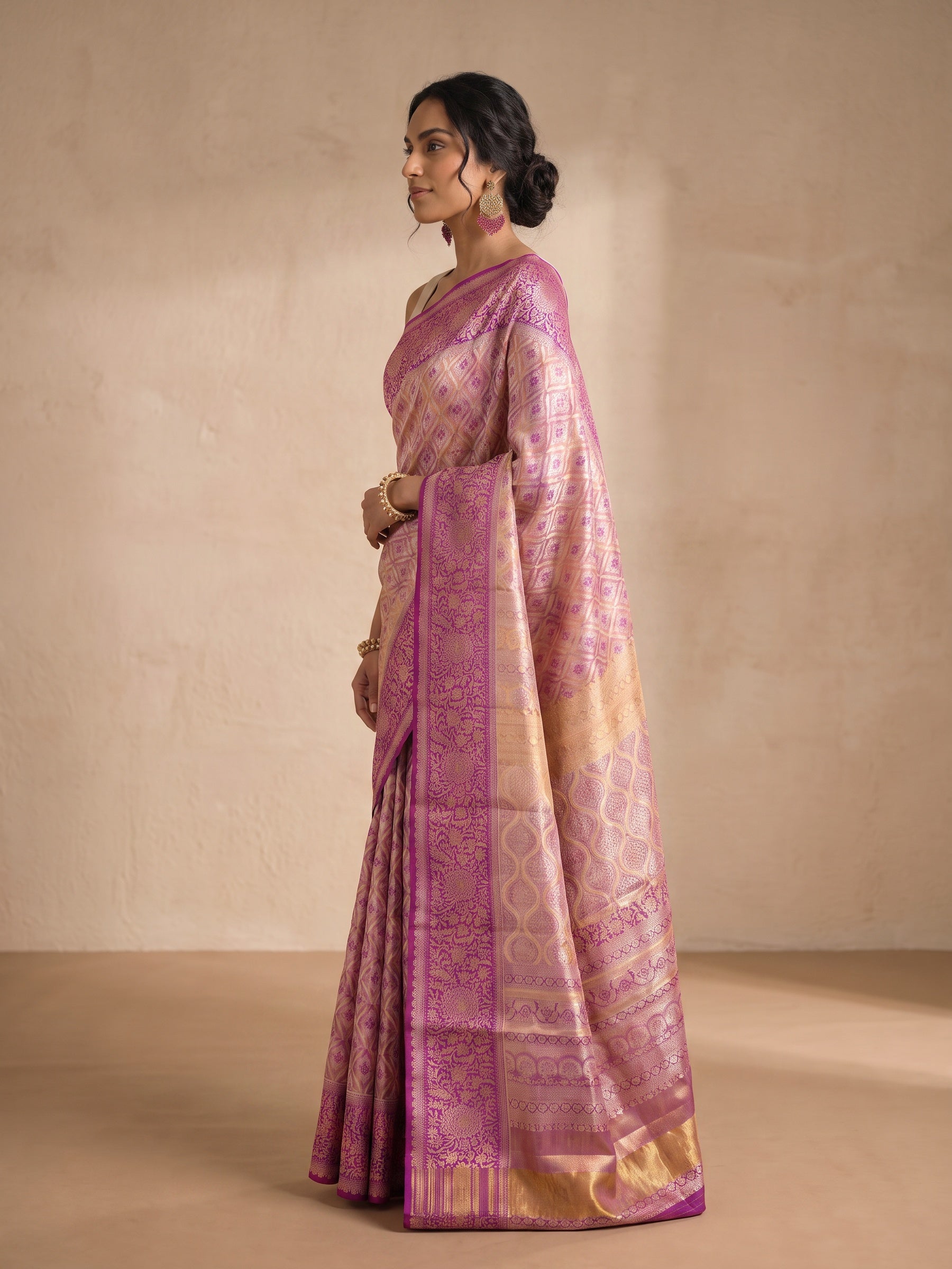 Gold Pure Kanjivaram Tissue Silk Saree - side standing