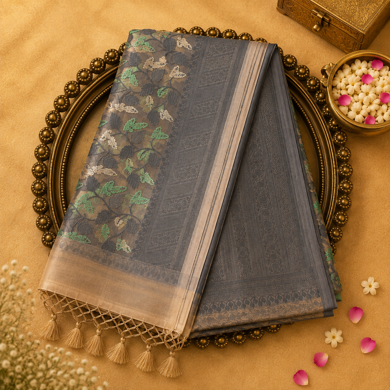 Cream-Grey Pure Banarasi Organza Kora Silk Saree with Floral Weave & Grey Blouse
