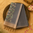 Cream-Grey Pure Banarasi Organza Kora Silk Saree with Floral Weave & Grey Blouse