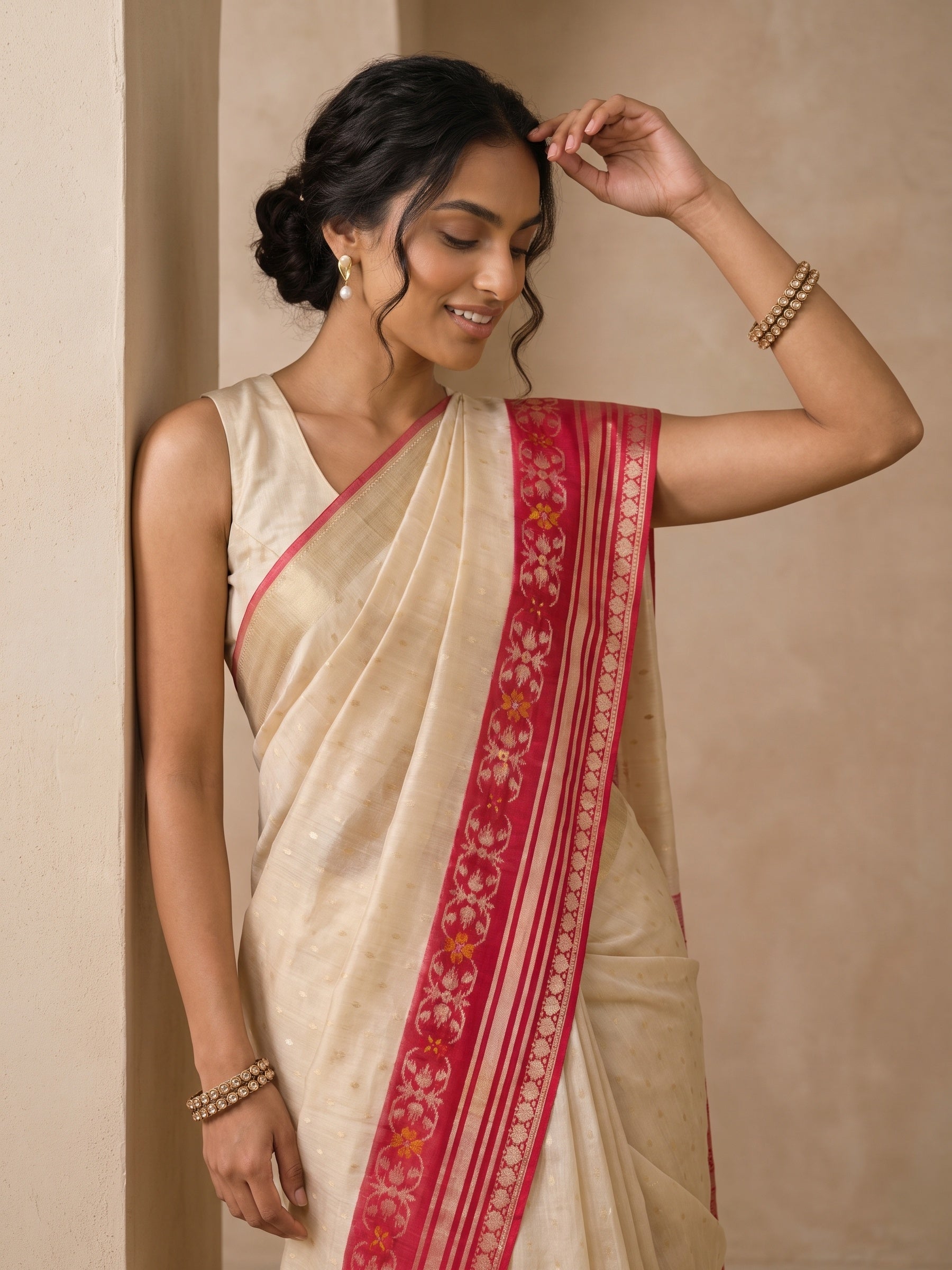 Beige Banaras Tussar Silk Saree - portrait