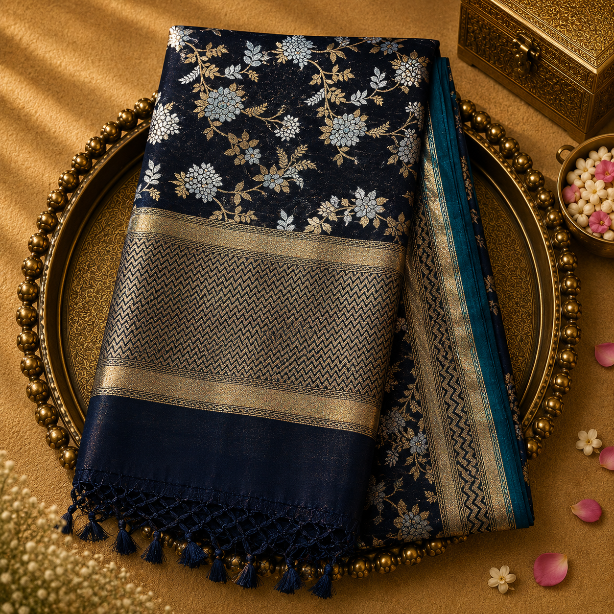 Dark Blue Organza Saree with Gold Zari Weave & Red-Gold Border