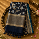 Dark Blue Organza Saree with Gold Zari Weave & Red-Gold Border