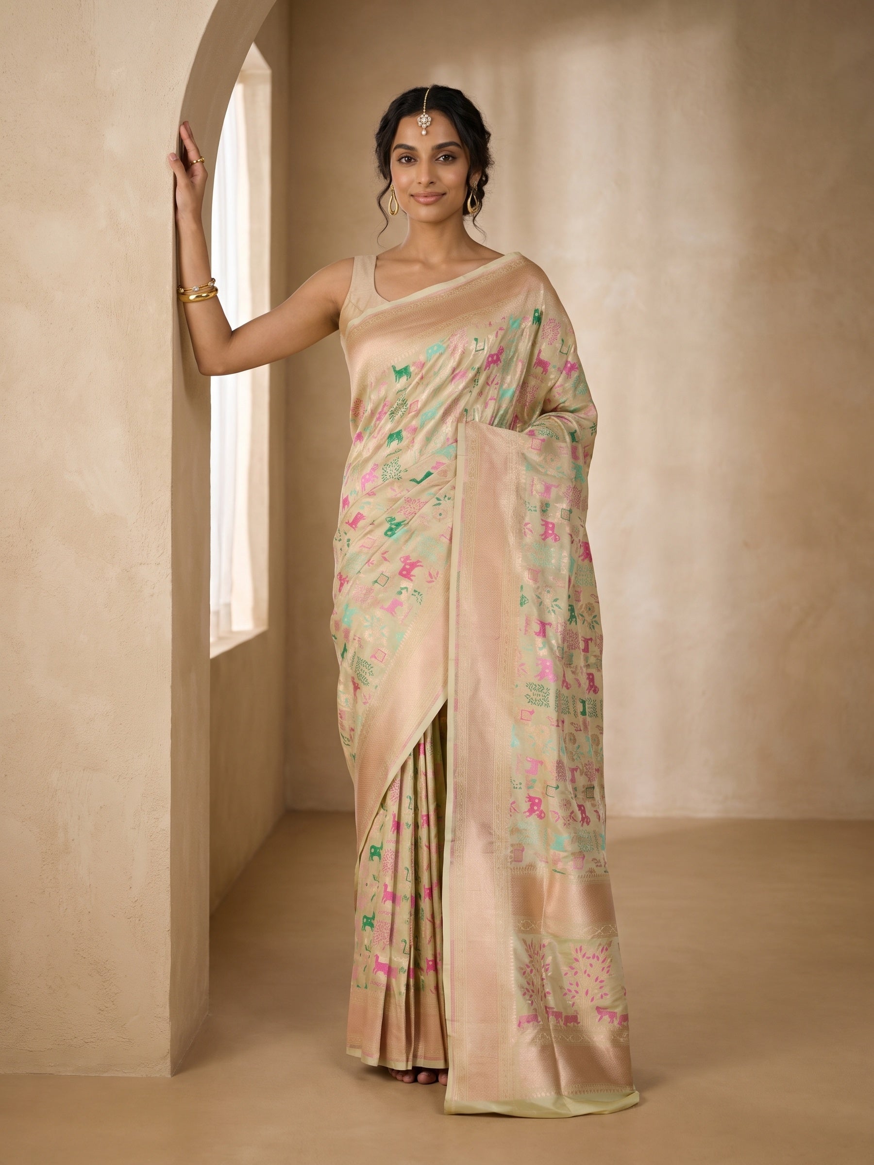 Golden Beige Banaras Georgette Saree - front standing