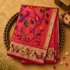 Pinkish Red Paithani Semi Silk Saree with Gold Zari Dots & Peacock Border