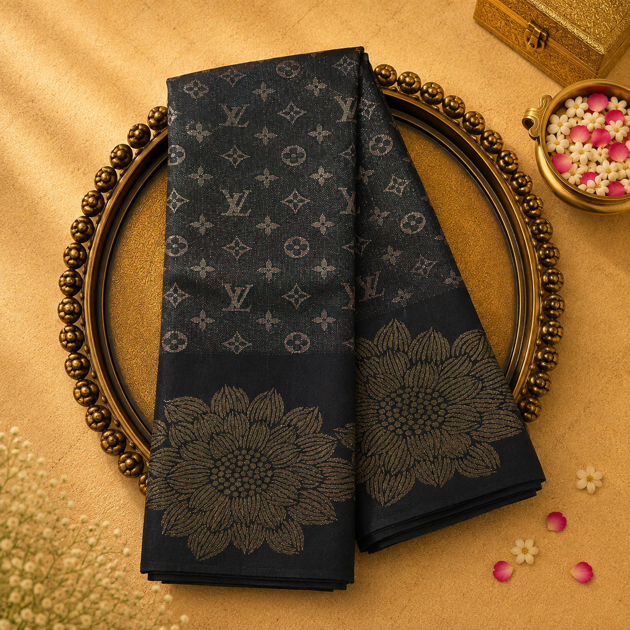Black Kanjeevaram Silk Saree with Gold Zari Work & Motif Border