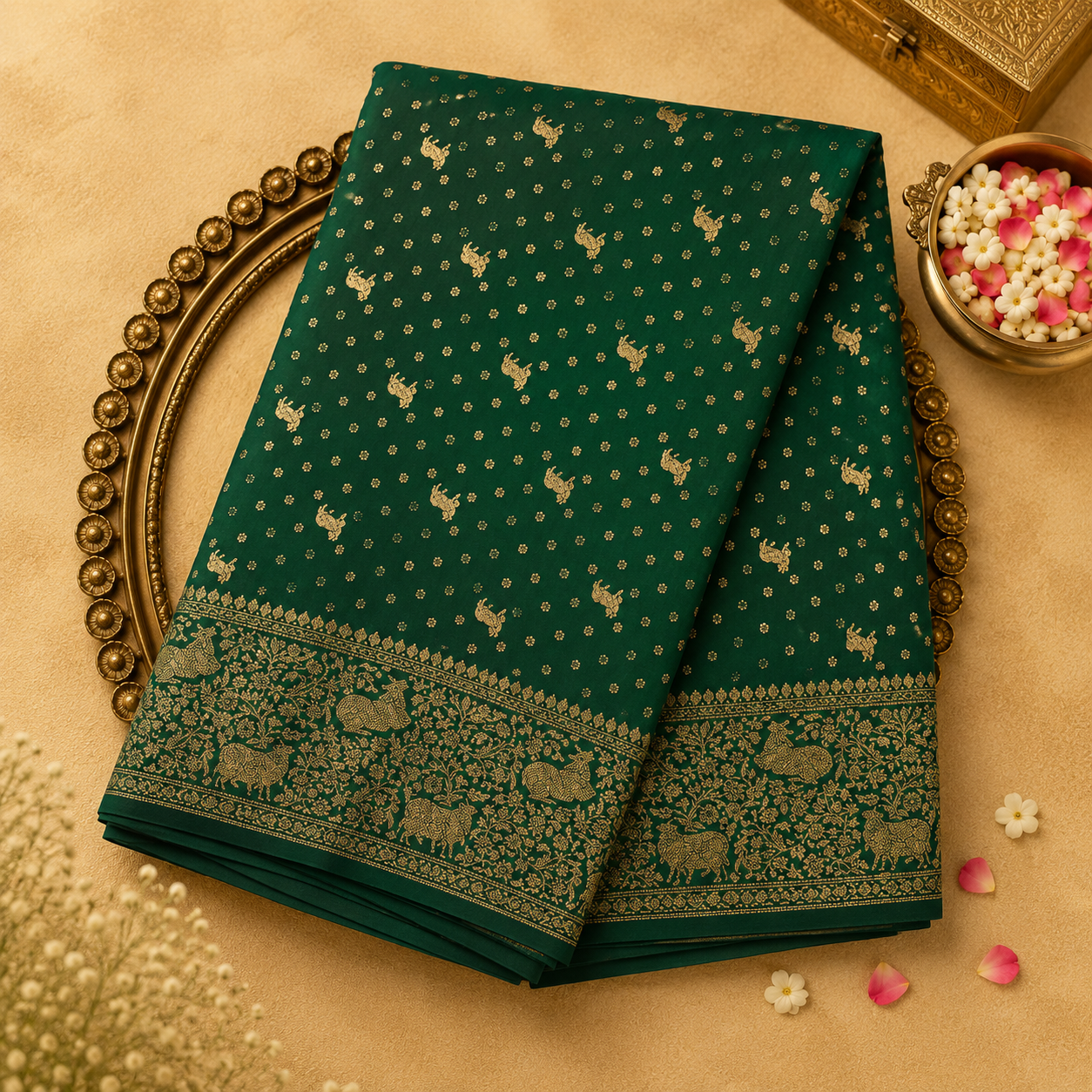 Dark Green Pure Banarasi Crepe Saree with Gold Zari Buttas & Broad Zari Border