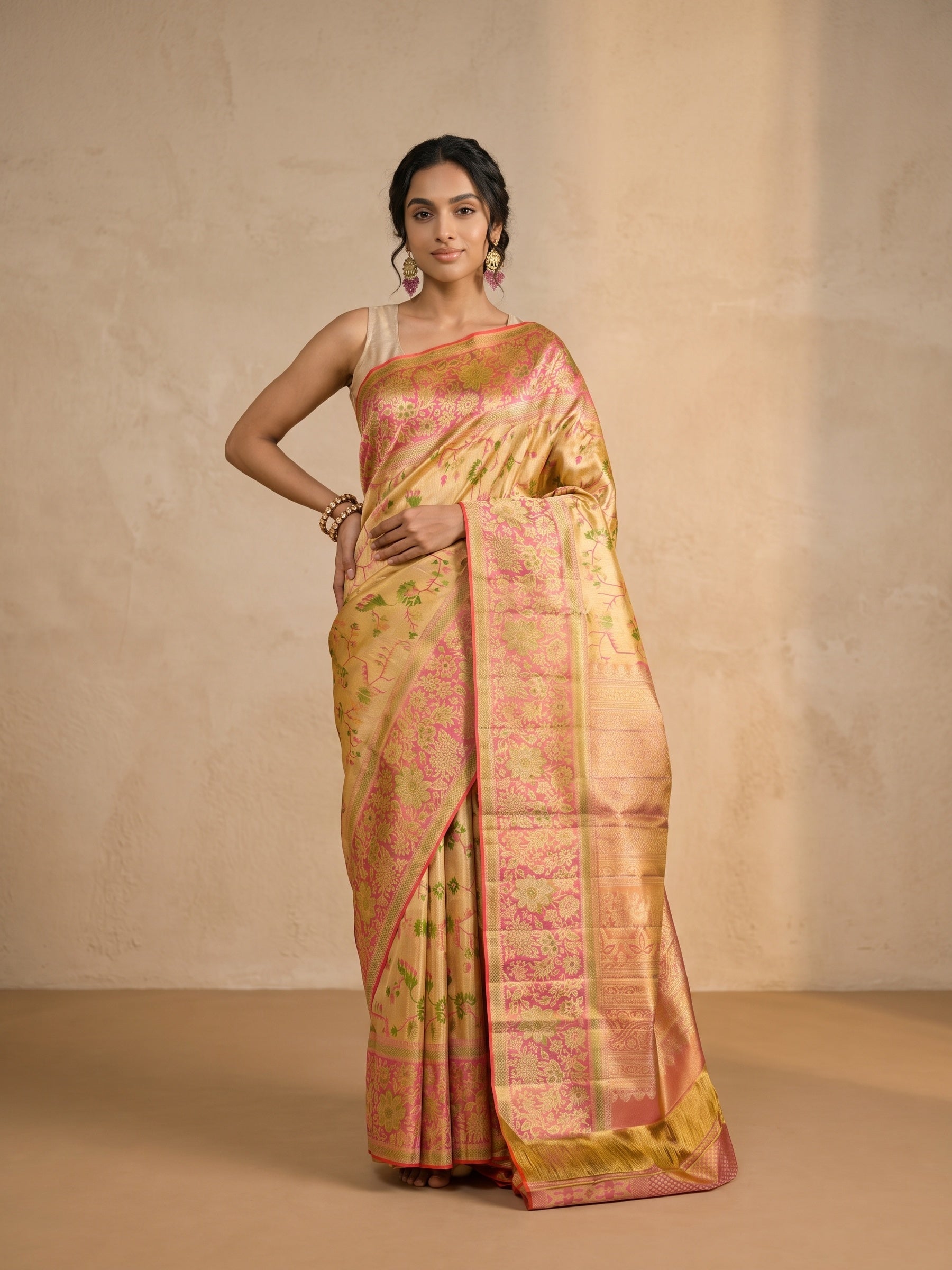 Golden Pure Kanjivaram Tissue Silk Saree - front pose