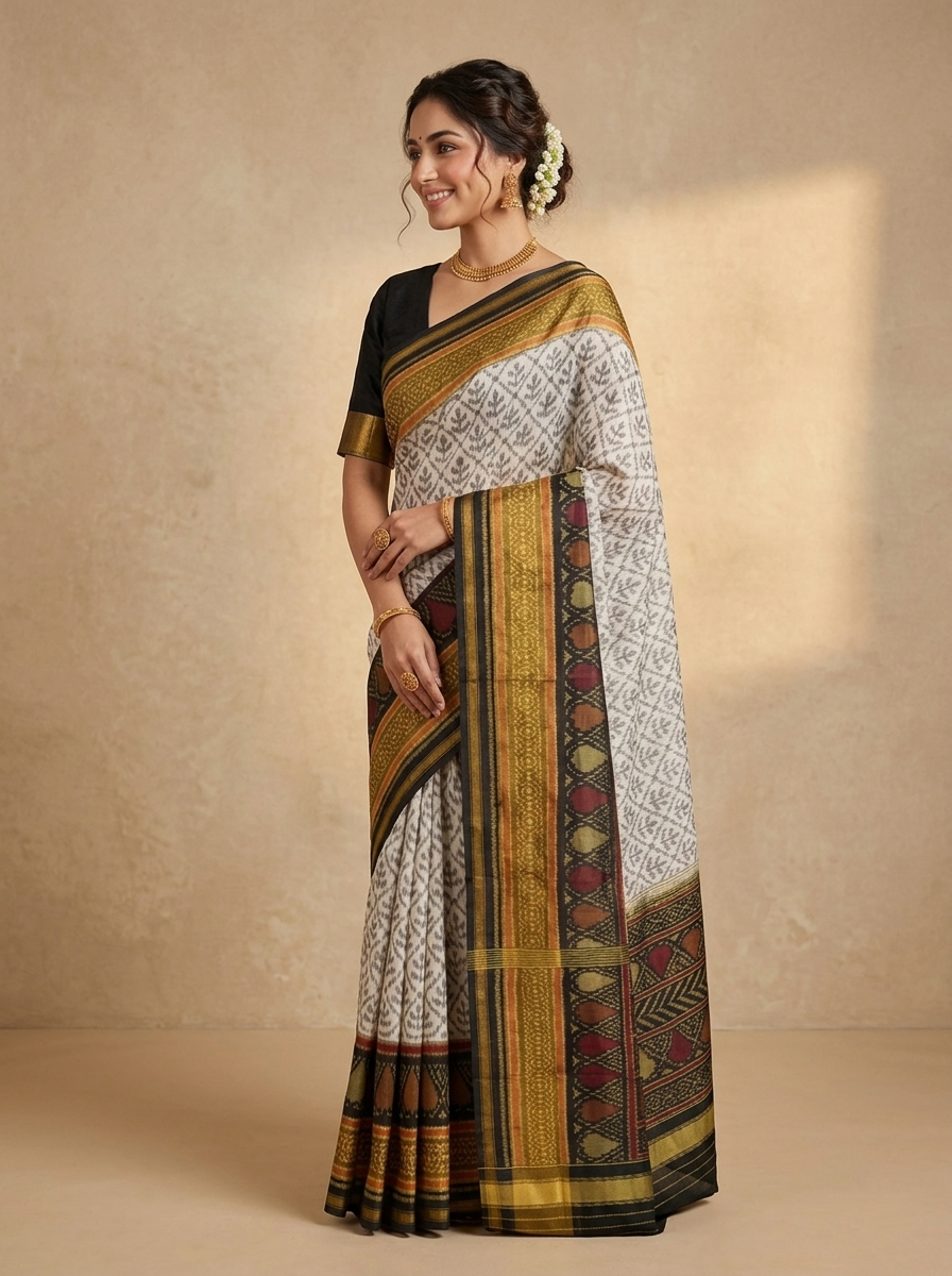 White Ikat Silk Saree - side standing