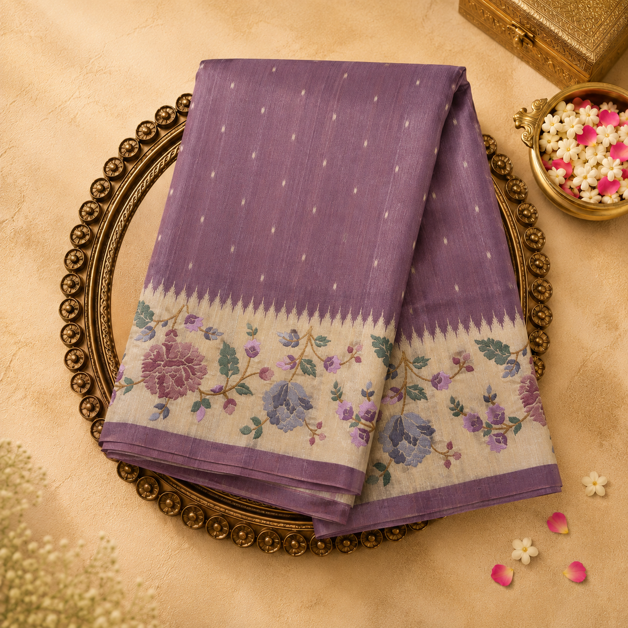 Dark Lavender Semi Silk Saree with White Dots & Floral Border
