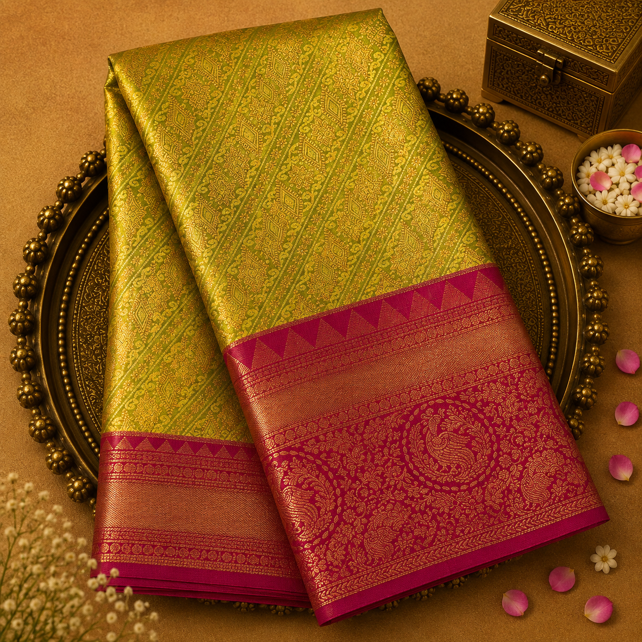 Gold-Mehendi Dual Tone Kanjeevaram Tissue Silk Saree with Pink-Gold Border & Pink Blouse