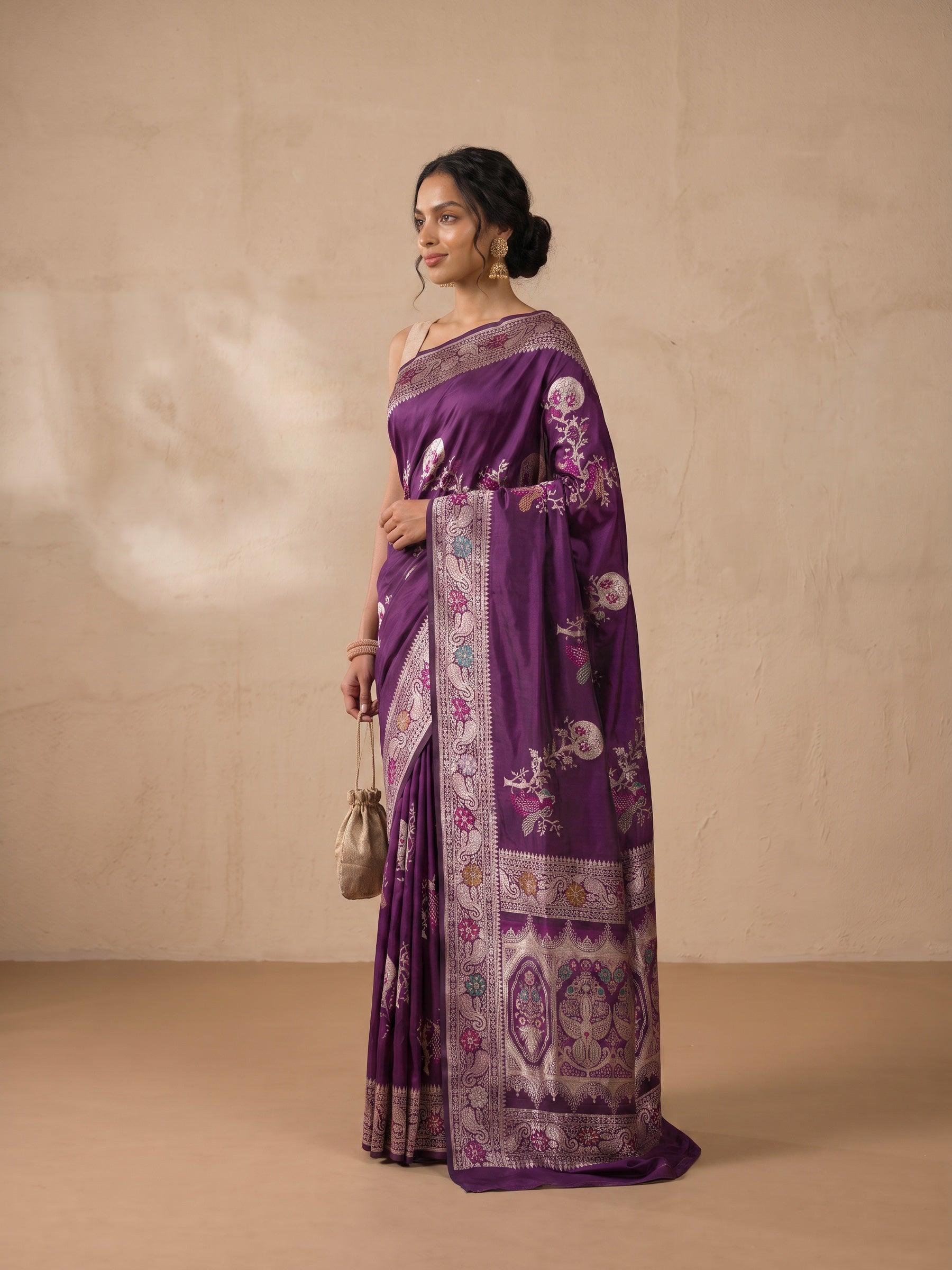 Purple Banaras Georgette Saree - side standing