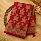 Bright Red-Pink Semi Georgette Saree with Gold Zari Motifs & Floral Zari Border
