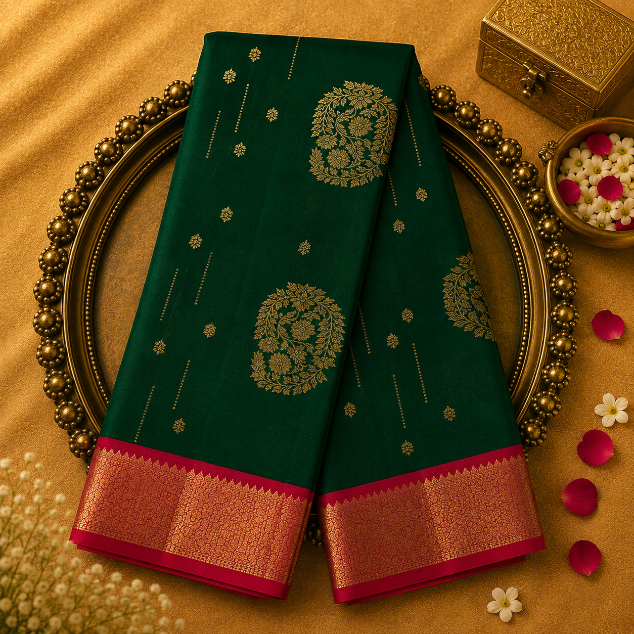 Dark Green Kanjeevaram Silk Saree with Gold Zari Motifs & Pink-Gold Border