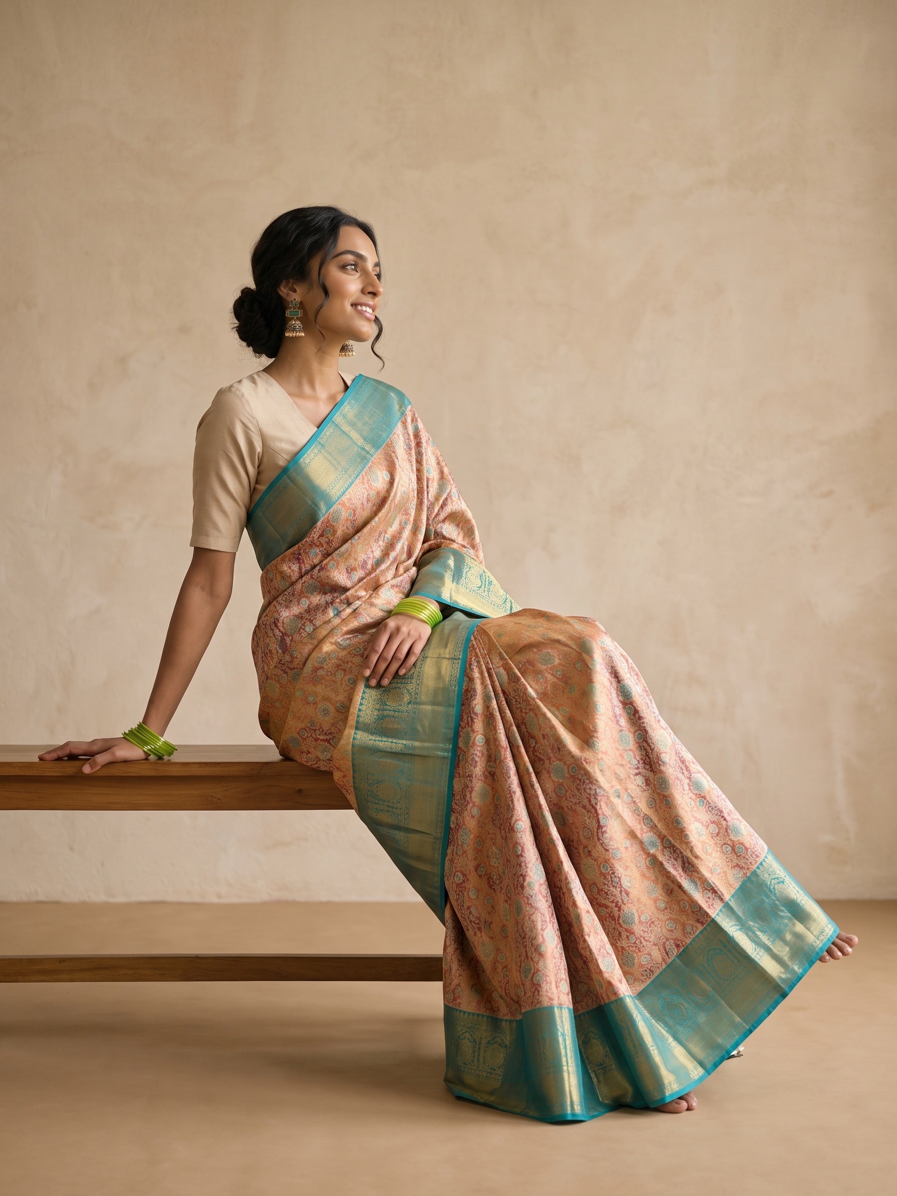 Rust Orange Pure Kanjivaram Tissue Silk Saree - seated pose