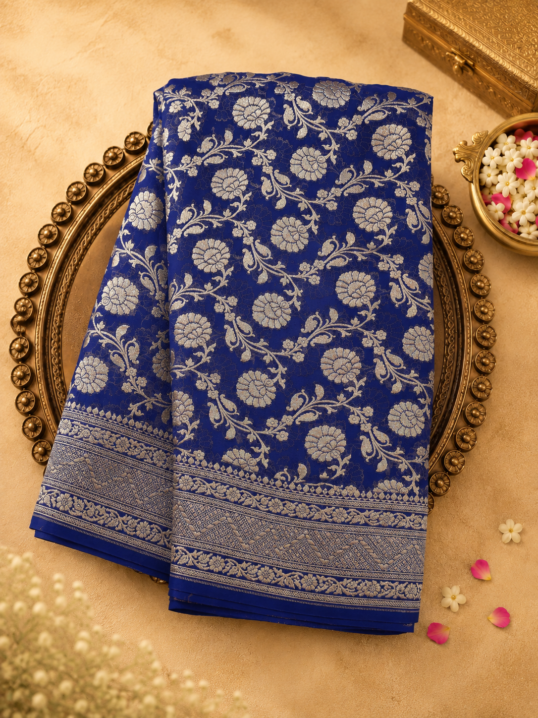 Bright Blue Pure Banarasi Georgette Saree with Floral Zari, Gold Border & Blue Blouse