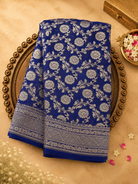 Bright Blue Pure Banarasi Georgette Saree with Floral Zari, Gold Border & Blue Blouse
