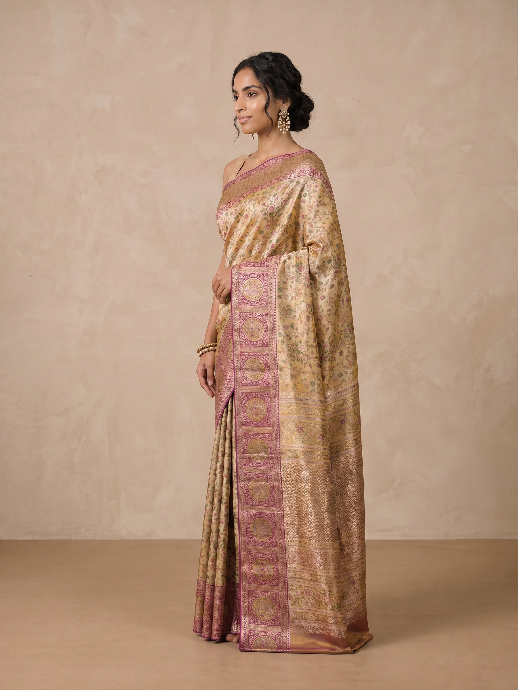 Golden Pure Kanjivaram Silk Saree - side standing