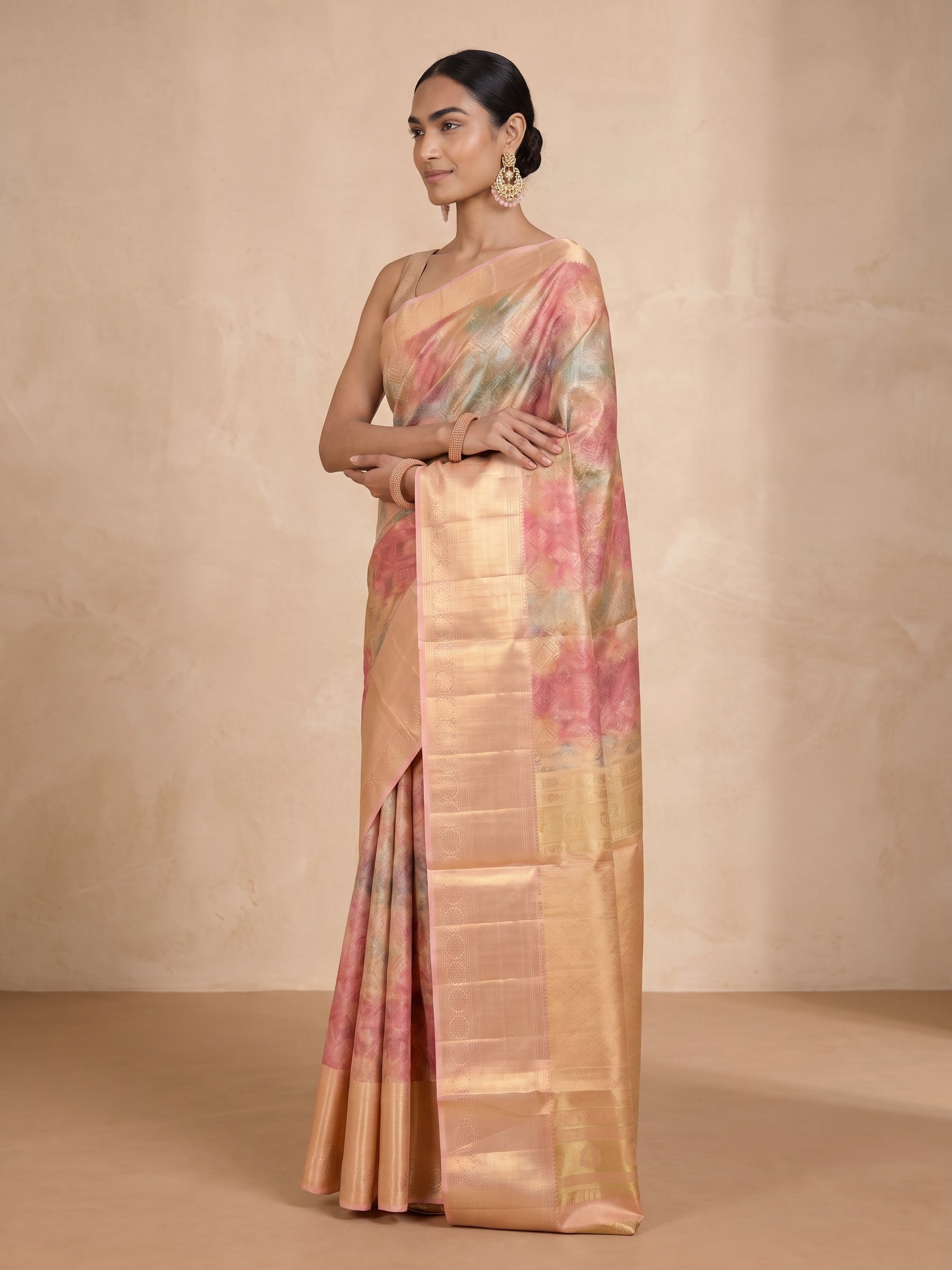 Golden Banaras Georgette Saree - side standing
