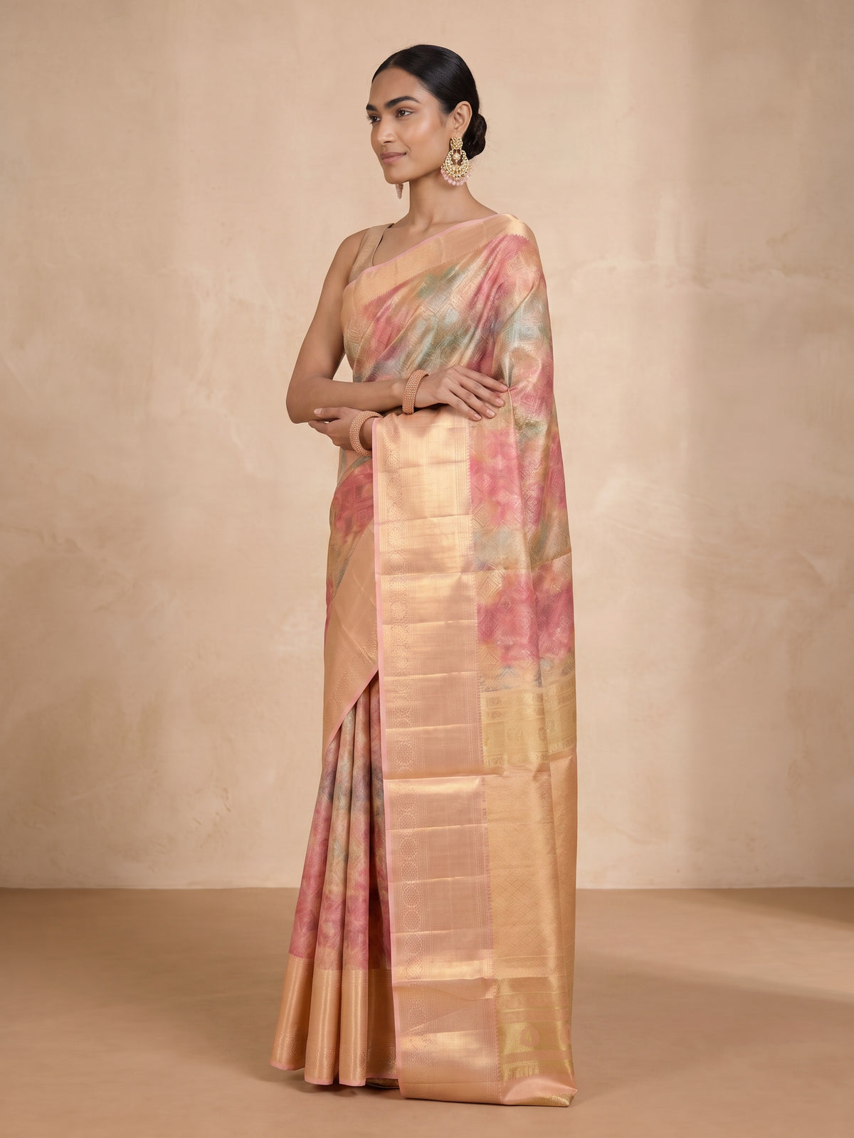 Golden Banaras Georgette Saree - side standing