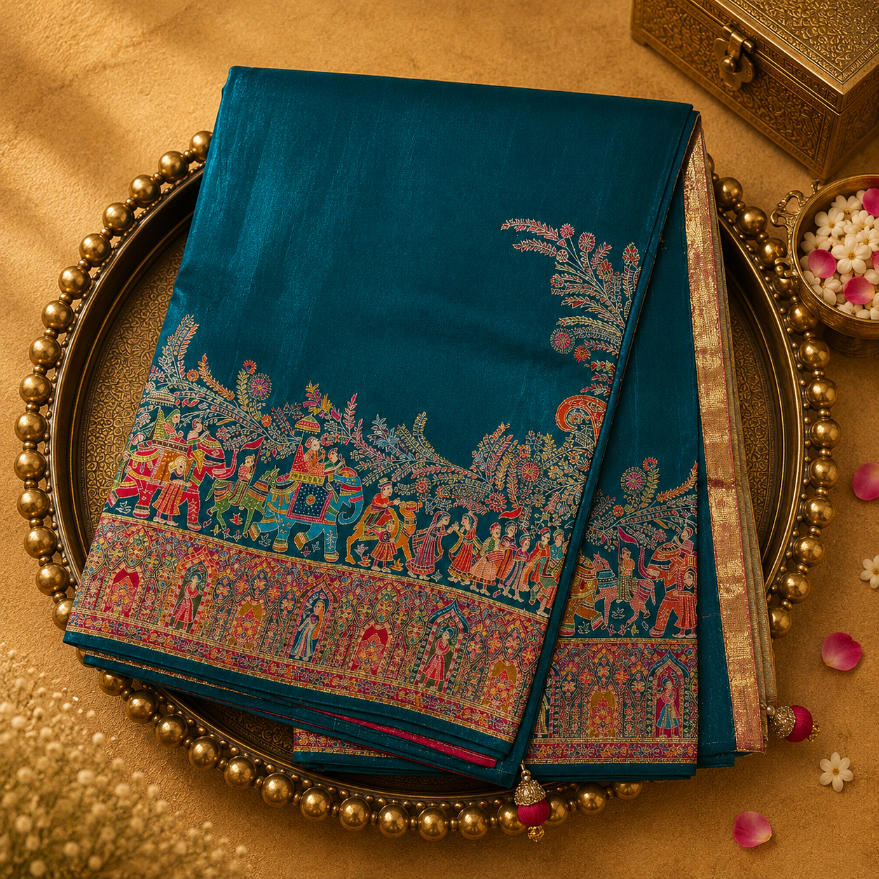 Teal Green Semi Crepe Silk Saree with Multicolour Wedding Motif Border