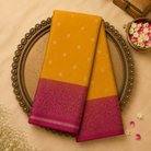 Yellow Silk Saree with Floral Zari Buttas & Pink Border
