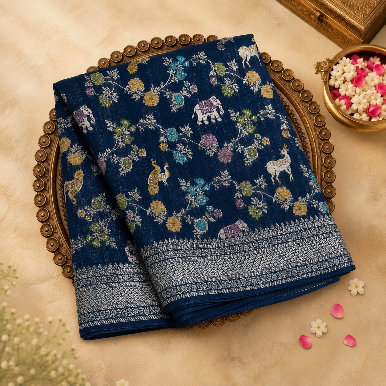 Dark Blue Georgette Saree with Diagonal Floral Design