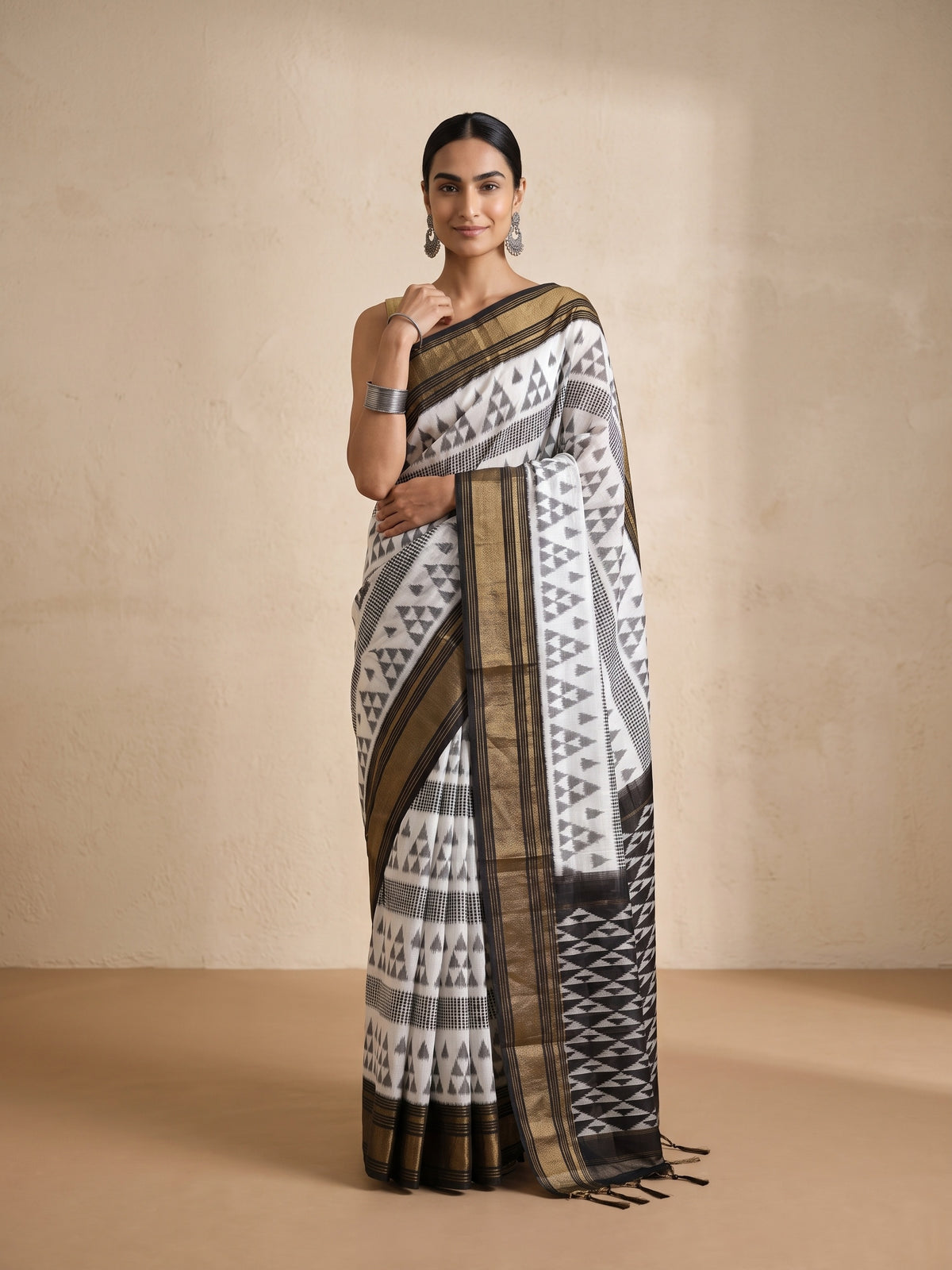 White Ikat Silk Saree - front standing