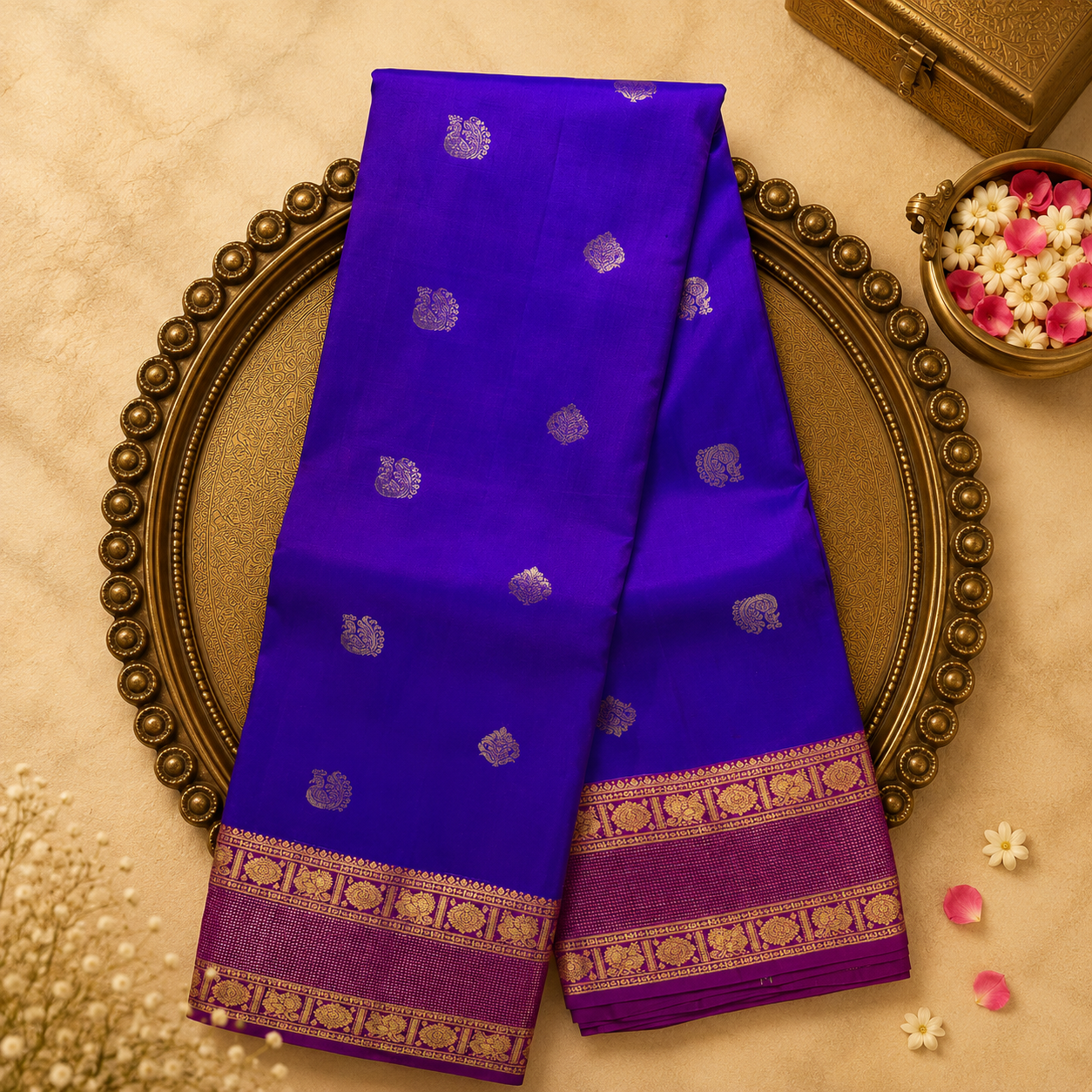 Royal Purple Silk Saree with Peacock Zari Motifs & Rani Pink-Gold Border