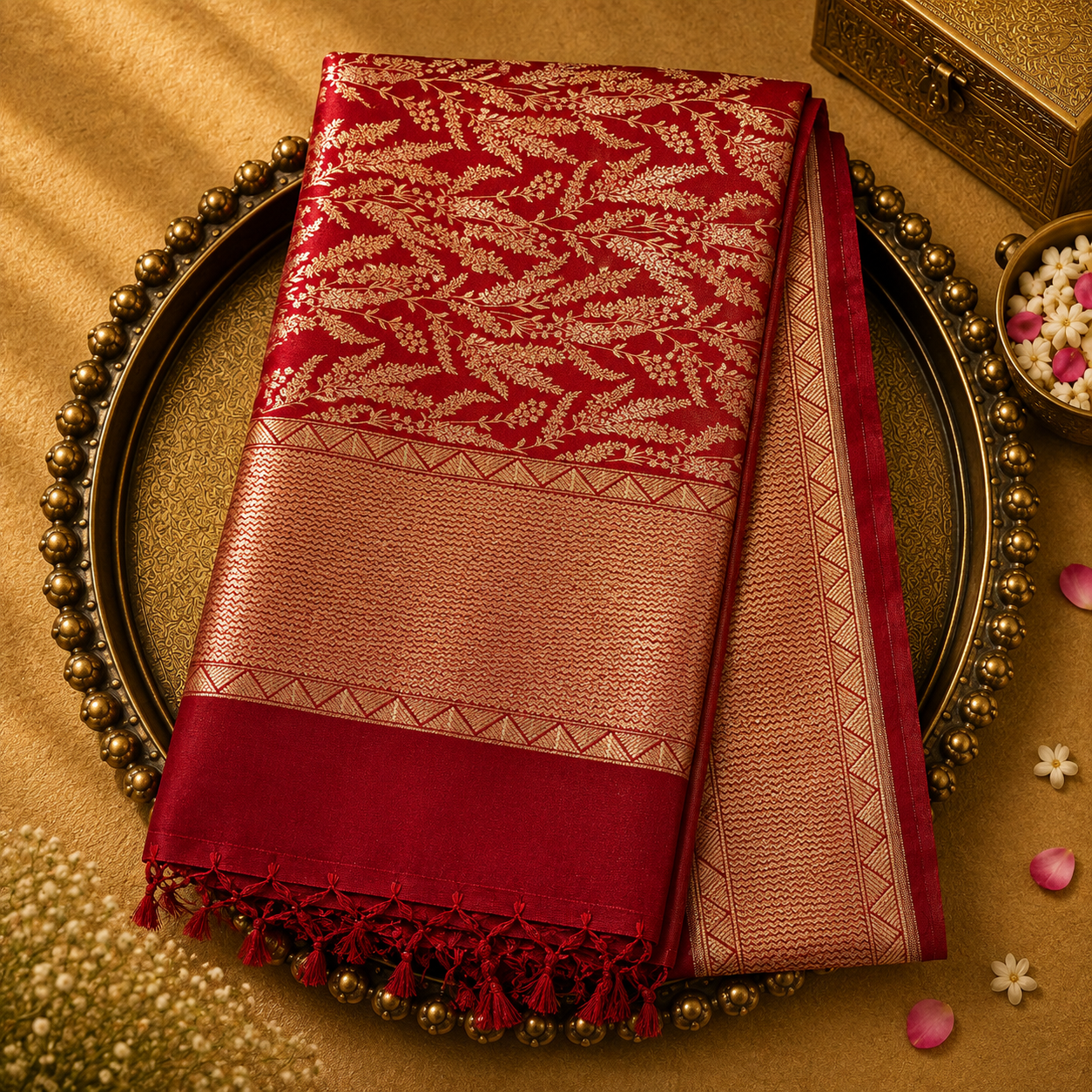 Bright Red Organza Saree with Gold Zari Weave & Red-Gold Border