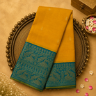 Bright Yellow Kanjeevaram Silk Saree with Gold Buttas & Teal Peacock Border