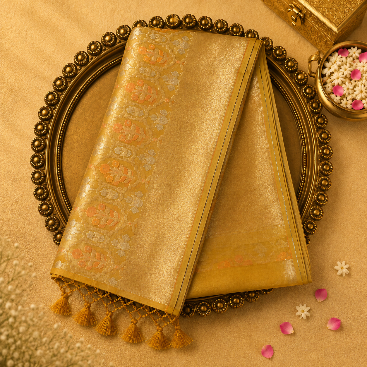 Light Yellow Banarasi Organza Kora Silk Saree with Floral Weave & Yellow Zari Blouse
