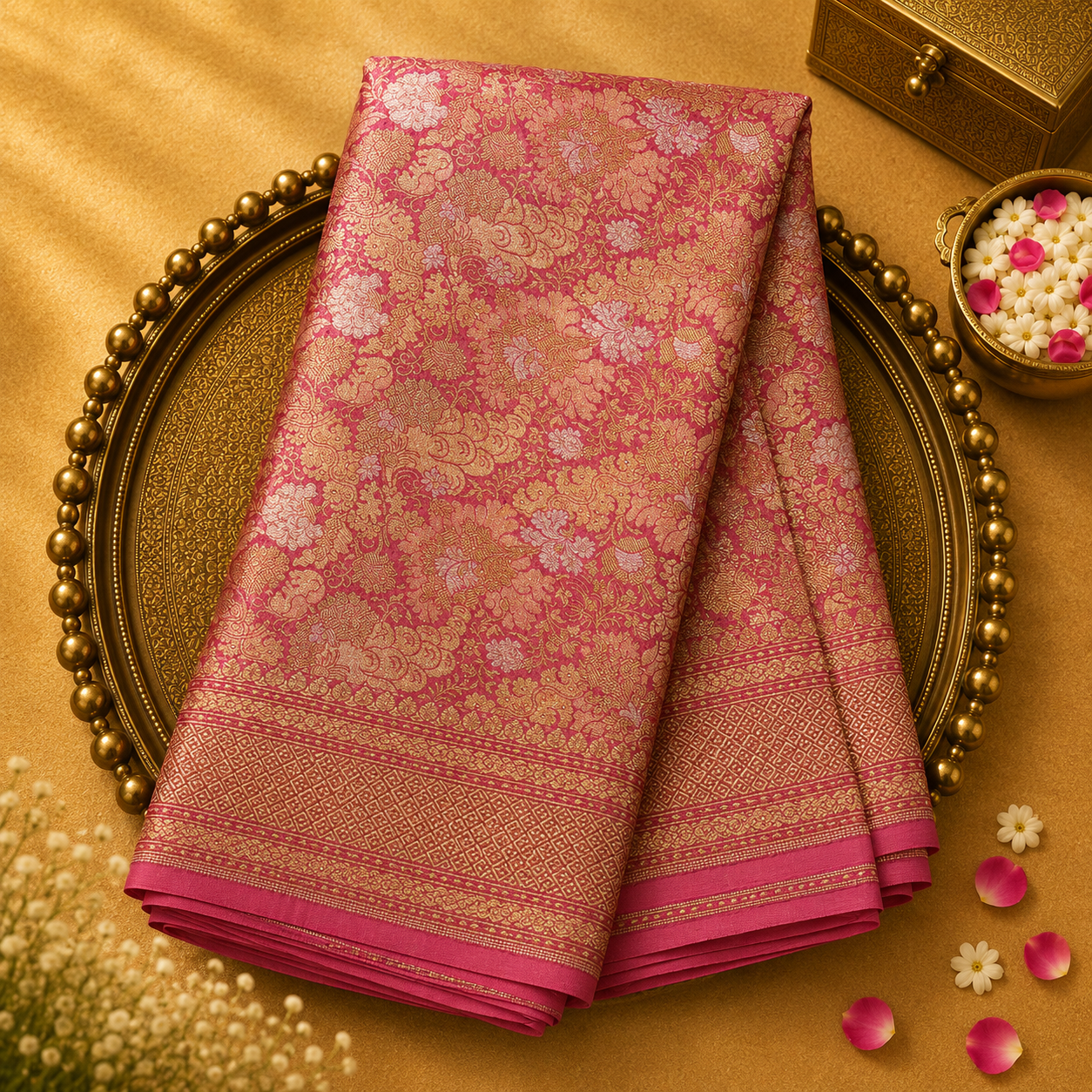 Light Pink Banarasi Silk Saree with Gold Zari Brocade & Gold Border