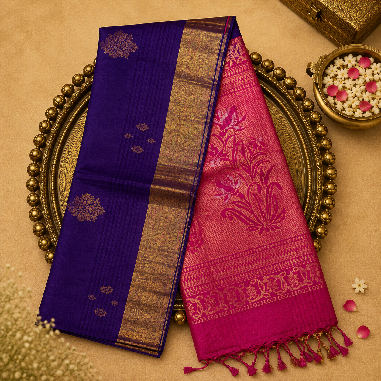 Bright Purple Pure Soft Silk Saree with Zari Motifs, Pink Pallu & Blouse