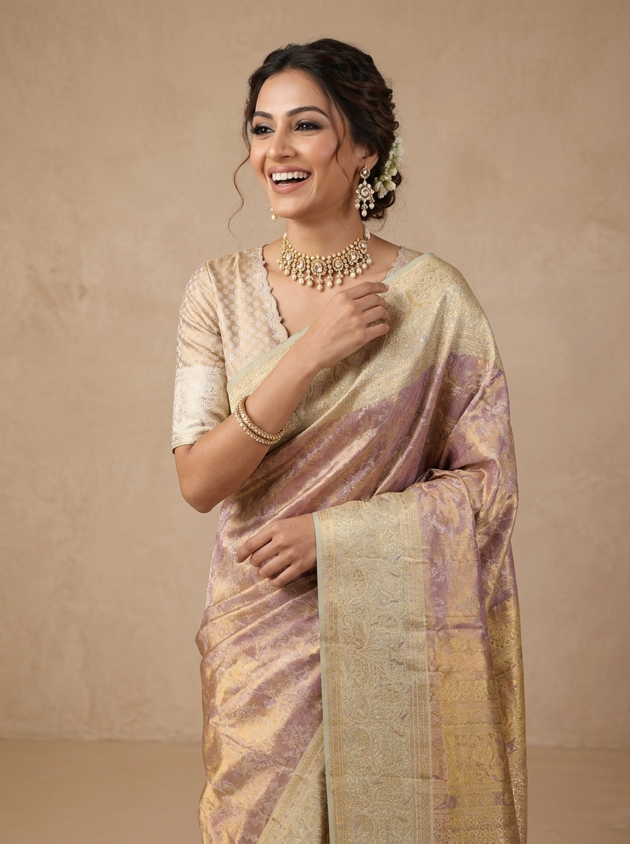 Light Purple Pure Kanjivaram Tissue Silk Saree - portrait