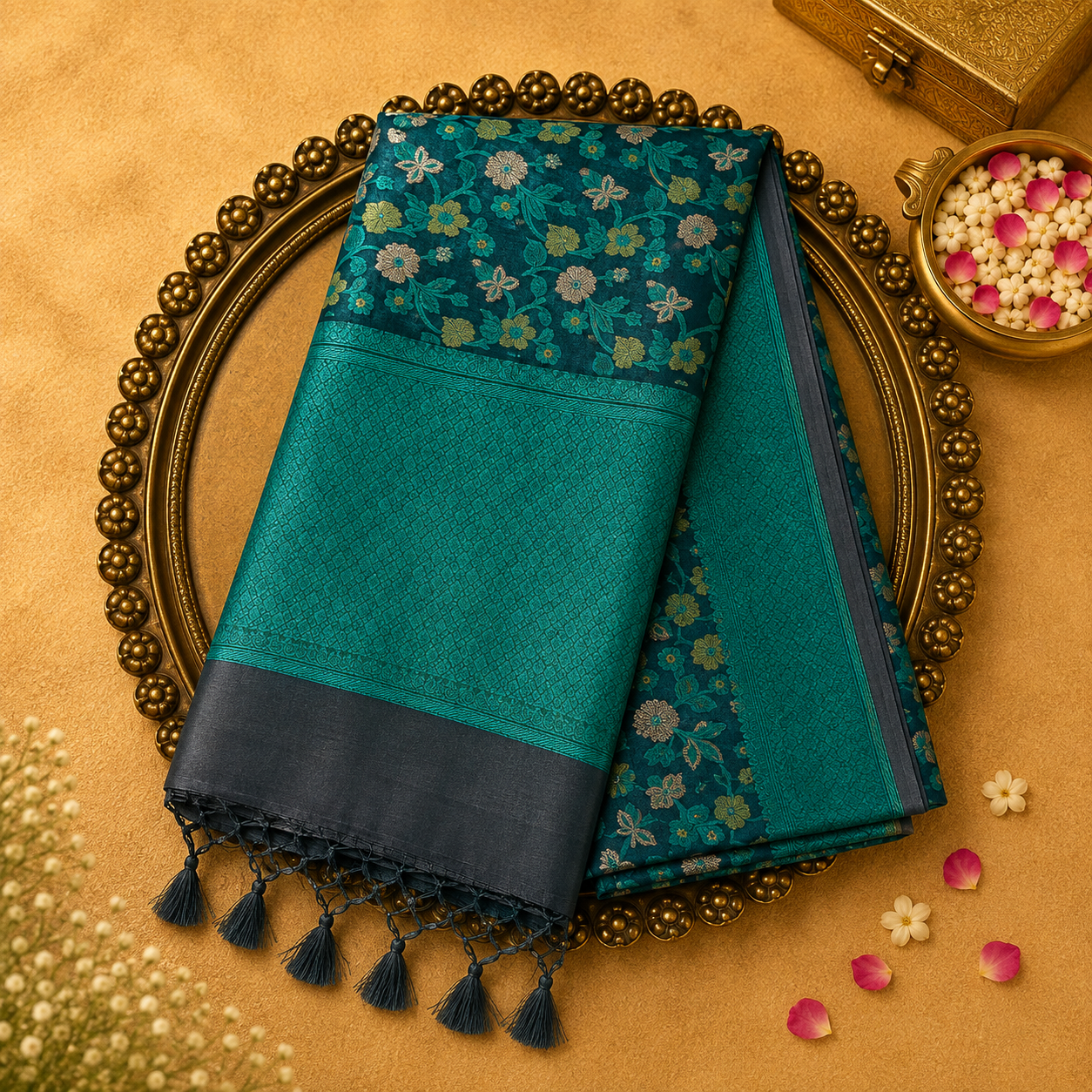 Green Pure Banarasi Organza Kora Saree with Floral Weave and Green Border 