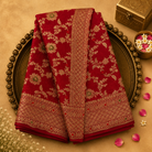 Bright Red Pure Banarasi Georgette Saree with Floral Zari, Gold Border & Red Blouse