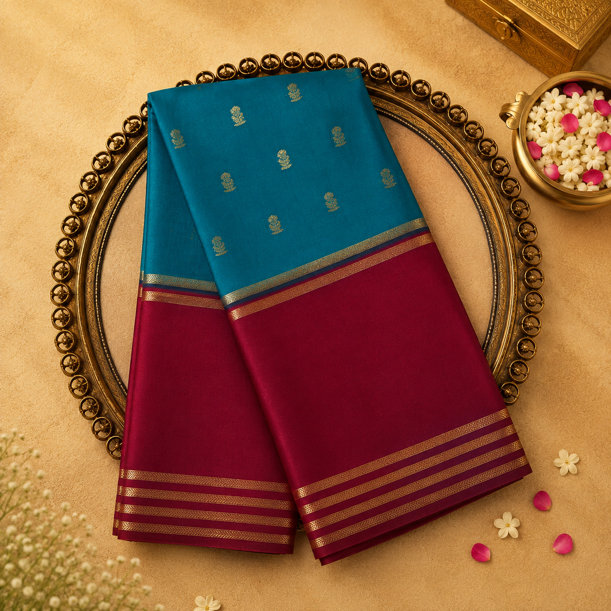Teal Green-Pink Semi Crepe Silk Saree with Gold Zari Motifs, Zari Border & Pink Blouse