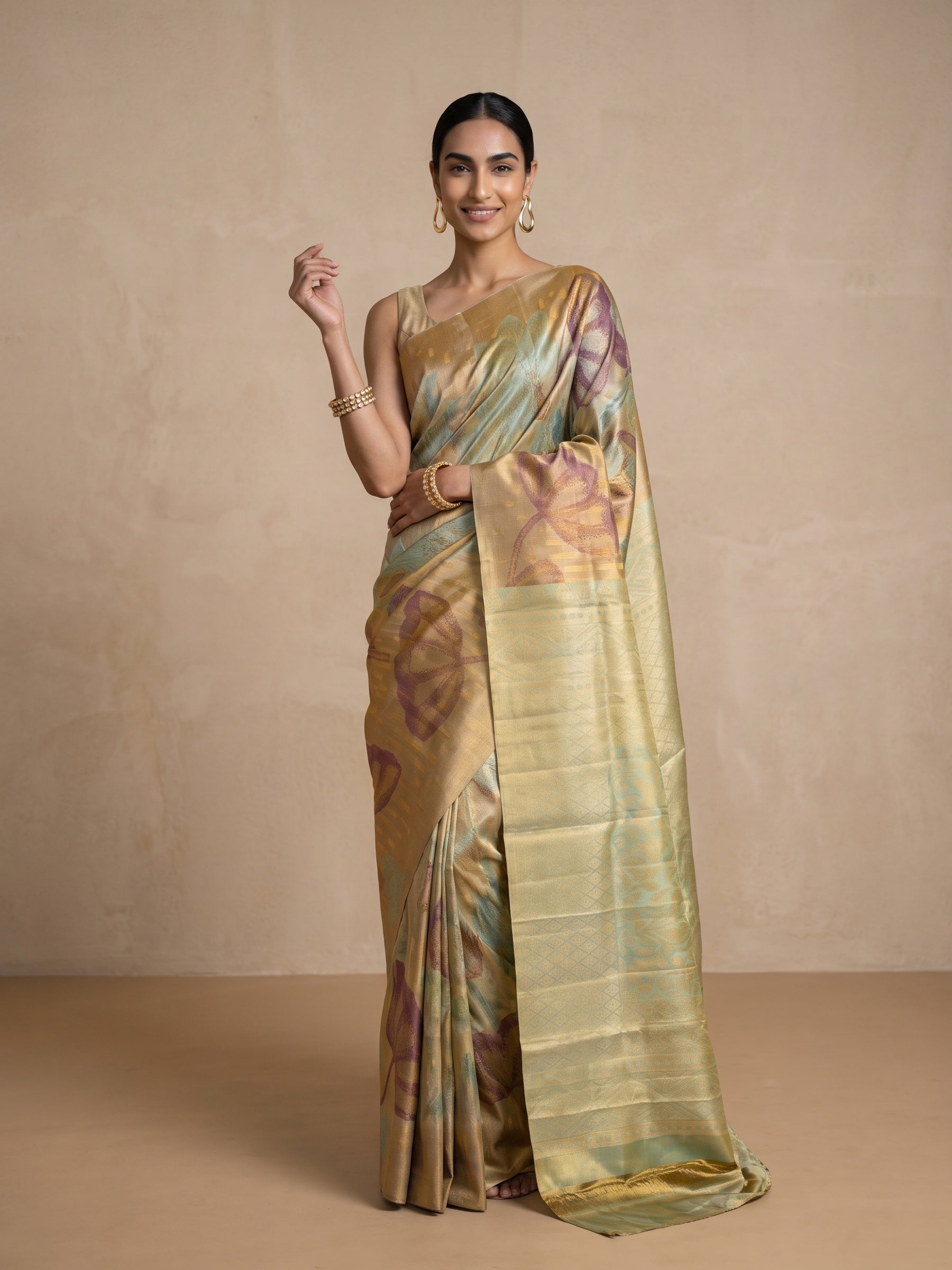 Golden Banaras Georgette Saree - front standing