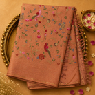 Dusky Orange Semi Tussar Silk Saree with Floral Embroidery & Zari Check Border