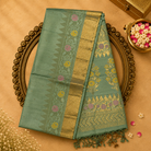 Light Green Soft Silk Saree with Gold Zari Dots, Floral Zari Border & Running Blouse