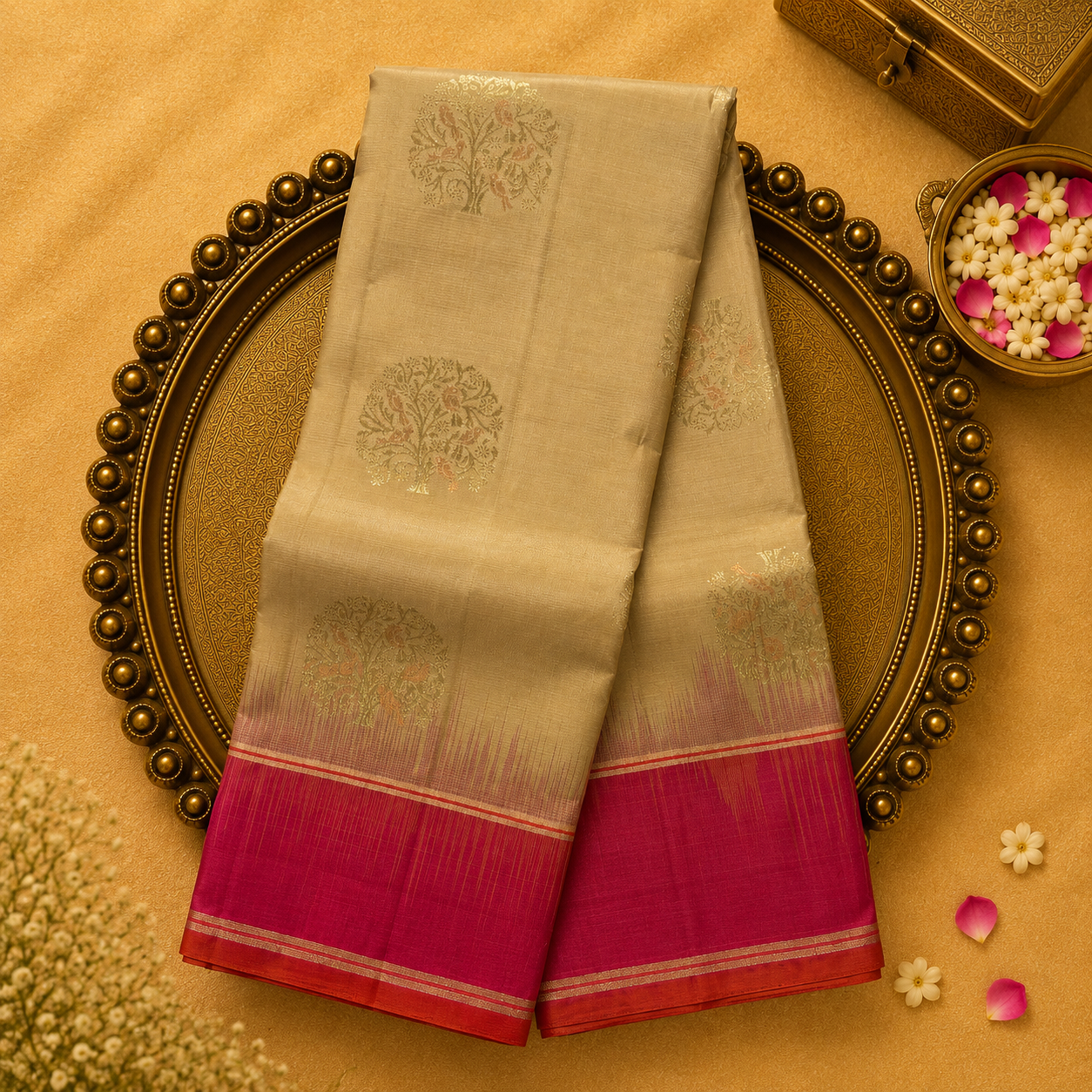 Cream Tussar Silk Saree with Gold Zari Motifs & Dark Pink Border